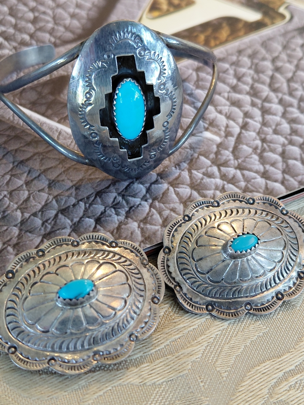 RARE American Navajo Sterling Turquoise Cuff Bracelet and Earrin Set - Turquoise